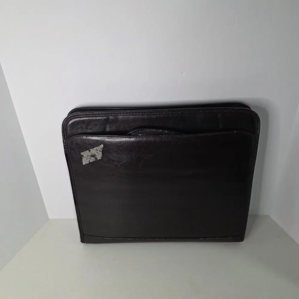 Black Leather Zip Portfolio Organizer 3 Ring Binder Padfolio Briefcase Handles